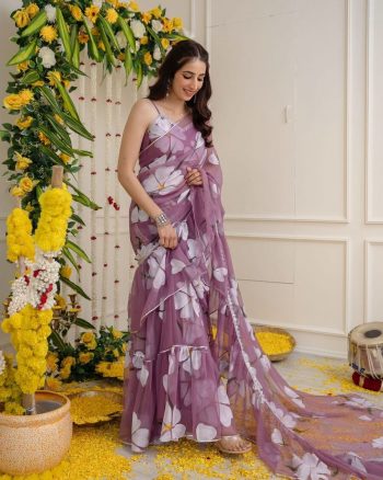 FASHIONABLE GEORGETTE DIGITAL PRINT WORK LEHENGA SAREE STITCHED BLOUSE WINE