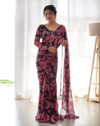 FASHIONABLE GEORGETTE DIGITAL PRINT  WORK READY TO WEAR SAREE WITH UNSTITCHED BLOUSE BLACK