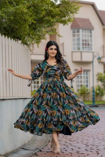 FASHIONABLE GEORGETTE FLORAL DIGITAL PRINT WORK  READY TO WEAR GOWN BLACK