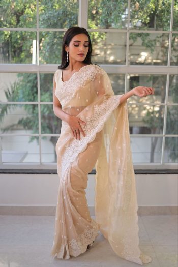 FASHIONABLE GEORGETTE THREAD EMBROIDERY CUT WORK SAREE WITH UNSTITCHED BLOUSE OFF WHITE