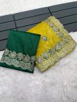 FASHIONABLE GOLD CRUSH CODING SEQUENCE EMBROIDERY WORK SAREE WITH UNSTITCHED BLOUSE YELLOW