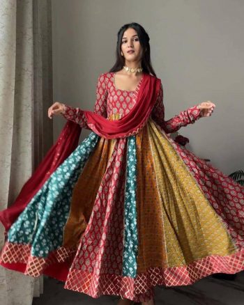 FASHIONABLE MUSLIN COTTON DIGITAL PRINT WORK GOWN BOTTOM WITH DUPATTA  RED
