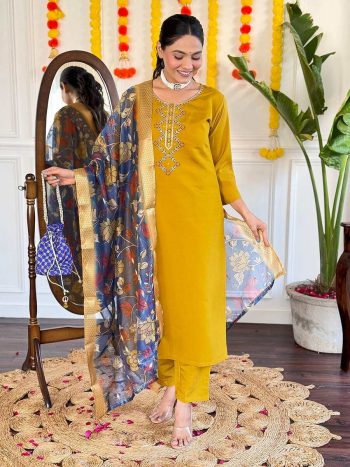 FASHIONABLE VISCOSE CHANDERI EMBROIDERY WORK TOP BOTTOM WITH DUPATTA YELLOW
