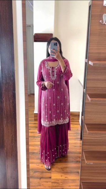 RICH LOOK CHINON SILK SEQUENCE THREAD EMBROIDERY WORK TOP SHARARA WITH DUPATTA PINK