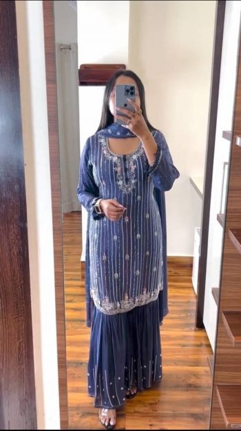 RICH LOOK CHINON SILK SEQUENCE THREAD EMBROIDERY WORK TOP SHARARA WITH DUPATTA BLUE