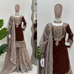 TRENDING GEORGETTE CODING SEQUENCE EMBROIDERY WORK TOP SHARARA WITH DUPATTA PARTY WEAR WHOLESALE PRICE ETHNIC GARMENT (4)