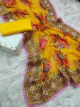 TRENDING GEORGETTE DIGITAL PRINTED EMBROIDERY WORK SAREE WITH UNSTITCHED BLOUSE YELLOW