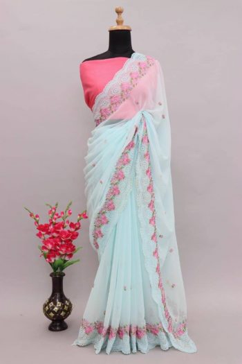 TRENDING GEORGETTE MULTI EMBROIDERY WORK SAREE WITH UNSTITCHED BLOUSE SKY