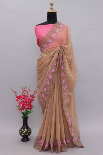 TRENDING GEORGETTE MULTI EMBROIDERY WORK SAREE WITH UNSTITCHED BLOUSE ONION