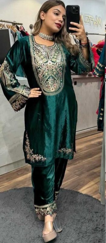 DESIGNER VELVET EMBROIDERY CODING SEQUENCE WORK KURTI WITH PALAZZO GREEN