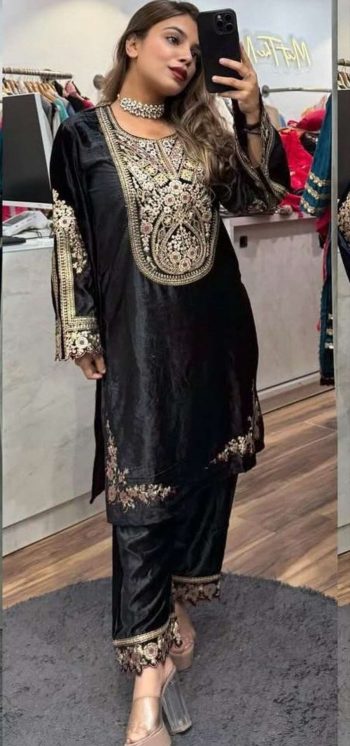 DESIGNER VELVET EMBROIDERY CODING SEQUENCE WORK KURTI WITH PALAZZO BLACK