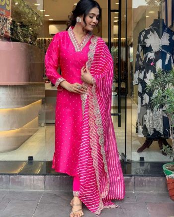 ATTRACTIVE CHANDERI EMBROIDERY PRINT WORK TOP BOTTOM WITH DUPATTA