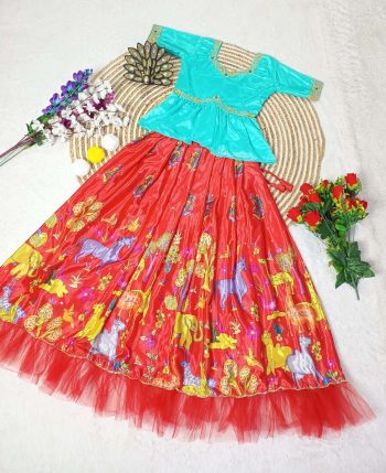 ATTRACTIVE CHINON SILK DIGITAL PRINT  SEQUENCE WORK TOP LEHENGA RED
