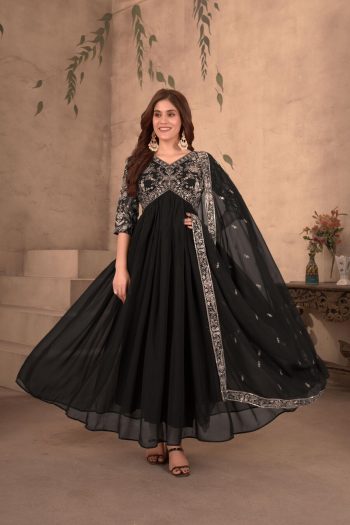 ATTRACTIVE GEORGETTE EMBROIDERY SEQUENCE WORK ALIA CUT GOWN BOTTOM WITH DUPATTA BLACK