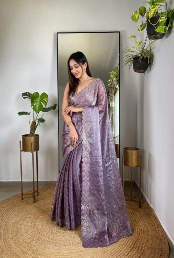 ATTRACTIVE JIMMY CHOO SEQUENCE EMBROIDERY THRAD WORK SAREE WITH UNSTITCHED BLOUSE ONION