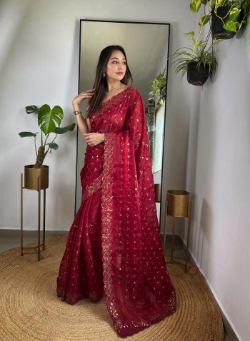 ATTRACTIVE JIMMY CHOO SEQUENCE EMBROIDERY THRAD WORK SAREE WITH UNSTITCHED BLOUSE RED