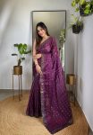 ATTRACTIVE JIMMY CHOO SEQUENCE EMBROIDERY THRAD WORK SAREE WITH UNSTITCHED BLOUSE WINE