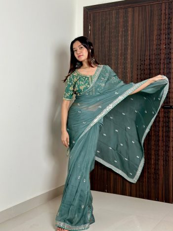 ATTRACTIVE  ORGANZA SILK EMBROIDERY ZARI SEQUENCE WORK SAREE WITH UNSTITCHED BLOUSE SKY