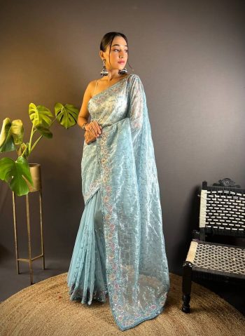 ATTRACTIVE TWILL NET THREAD SEQUENCE EMBROIDERY WORK SAREE WITH UNSTITCHED BLOUSE SKY