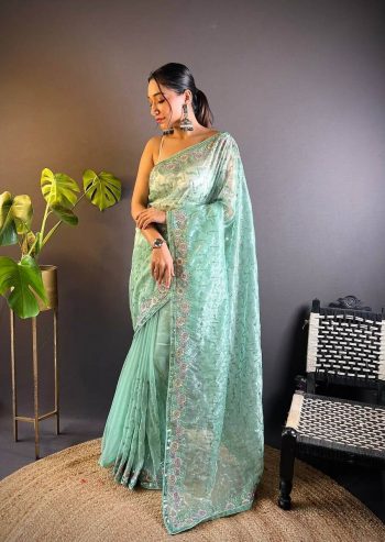 ATTRACTIVE TWILL NET THREAD SEQUENCE EMBROIDERY WORK SAREE WITH UNSTITCHED BLOUSE SEA GREEN
