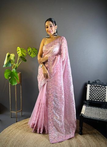 ATTRACTIVE TWILL NET THREAD SEQUENCE EMBROIDERY WORK SAREE WITH UNSTITCHED BLOUSE BABY PINK