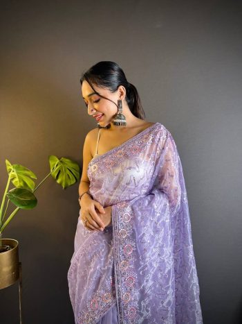 ATTRACTIVE TWILL NET THREAD SEQUENCE EMBROIDERY WORK SAREE WITH UNSTITCHED BLOUSE LAVENDER