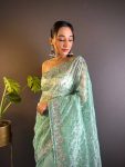 ATTRACTIVE TWILL NET THREAD SEQUENCE EMBROIDERY WORK SAREE WITH UNSTITCHED BLOUSE PARTY WEAR WHOLESALE PRICE ETHNIC GARMENT (11)