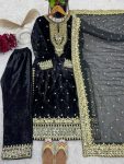 ATTRACTIVE VISCOSE VELVET EMBROIDERY SEQUENCE MOTI WORK TOP BOTTOM WITH DUPATTA PARTY WEAR WHOLESALE PRICE ETHNIC GARMENT (11)