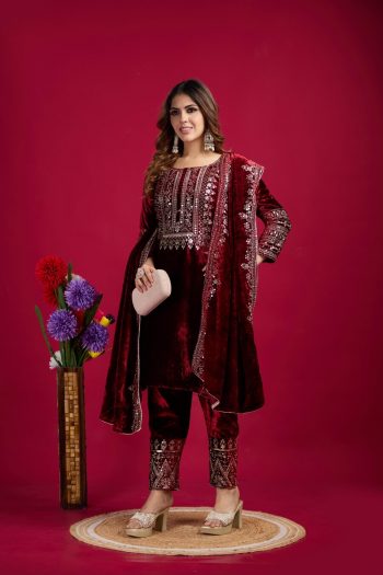 ATTRACTIVE VISCOSE VELVET EMBROIDERY SEQUENCE WORK TOP BOTTOM WITH DUPATTA MAROON