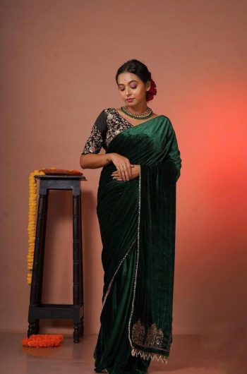 ATTRACTIVE VISCOSE VELVET EMBROIDERY WITH LACE WORK SAREE WITH UNSTITCHED BLOUSE  GREEN