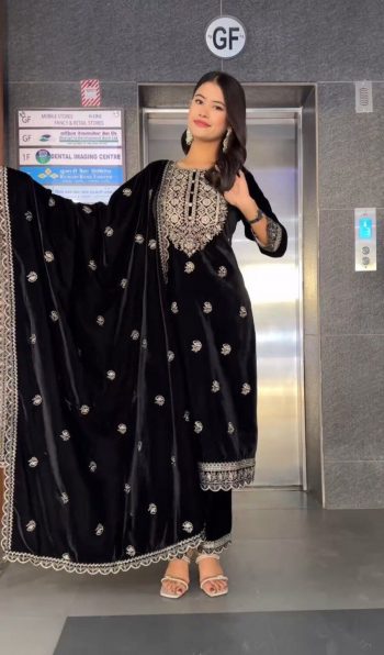 ATTRACTIVE VISCOSE VELVET EMBROIDERY WORK TOP BOTTOM DUPATTA BLACK