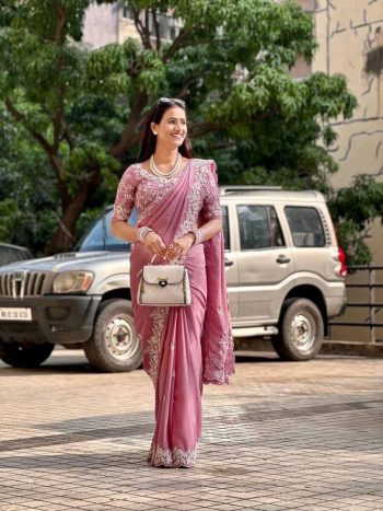 DESIGNER CHINON SILK EMBROIDERY WORK SAREE WITH UNSTITCHED BLOOUSE BABY PINK