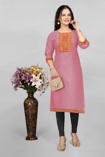 DESIGNER COTTON EMBROIDERY LACE WORK ONLY KURTI BABY PINK
