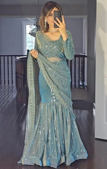 FASHIONABLE FANCY LYCRA DRAPE STYLE LEHNGA SAREE WITH UNSTITCHED BLOUSE MINT