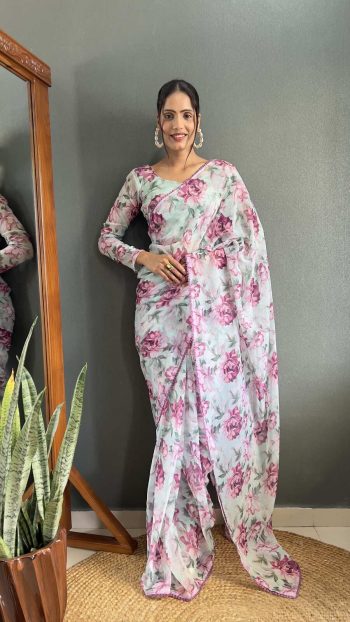 DESIGNER GEORGETTE DIGITAL PRINT WORK READY TO WEAR SAREE WITH UNSTITCHED BLOUSE WHITE