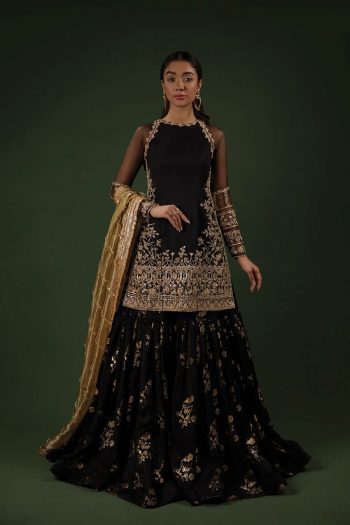 DESIGNER GEORGETTE EMBROIDERY SEQUENCE WORK TOP SHARARA WITH DUPATTA  BLACK