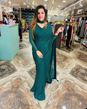 DESIGNER GEORGETTE SWAROVSKI WORK READY TO WEAR SAREE WITH STITCHED BLOUSE GREEN