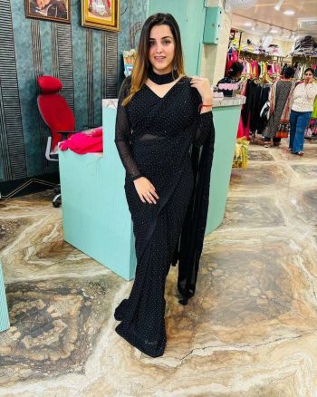 DESIGNER GEORGETTE SWAROVSKI WORK READY TO WEAR SAREE WITH STITCHED BLOUSE BLACK