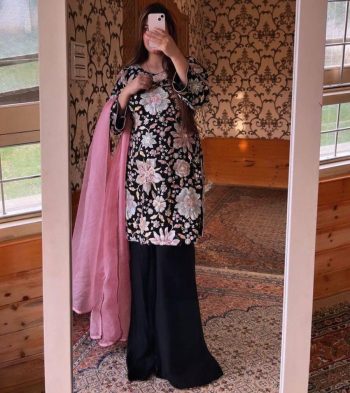 DESIGNER GEORGETTE THREAD EMBROIDERY WORK TOP PALAZZO WITH DUPATTA BLACK