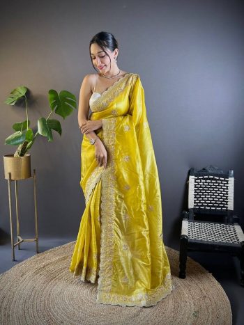 DESIGNER GOLD CRUNCHY SEQUENCE THREAD EMBROIDERY CUT WORK SAREE WITH UNSTITCHED BLOUSE YELLOW