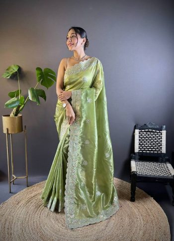 DESIGNER GOLD CRUNCHY SEQUENCE THREAD EMBROIDERY CUT WORK SAREE WITH UNSTITCHED BLOUSE PARROT GREEN