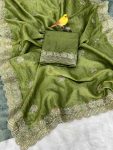 DESIGNER GOLD CRUNCHY SEQUENCE THREAD EMBROIDERY CUT WORK SAREE WITH UNSTITCHED BLOUSE PARTY WEAR WHOLESALE PRICE ETHNIC GARMENT 2 (1)