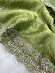DESIGNER GOLD CRUNCHY SEQUENCE THREAD EMBROIDERY CUT WORK SAREE WITH UNSTITCHED BLOUSE PARTY WEAR WHOLESALE PRICE ETHNIC GARMENT 2 (1)