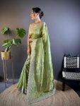 DESIGNER GOLD CRUNCHY SEQUENCE THREAD EMBROIDERY CUT WORK SAREE WITH UNSTITCHED BLOUSE PARTY WEAR WHOLESALE PRICE ETHNIC GARMENT 2 (1)