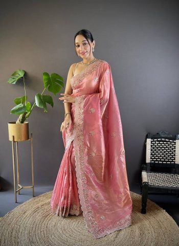 DESIGNER GOLD CRUNCHY SEQUENCE THREAD EMBROIDERY CUT WORK SAREE WITH UNSTITCHED BLOUSE PEACH