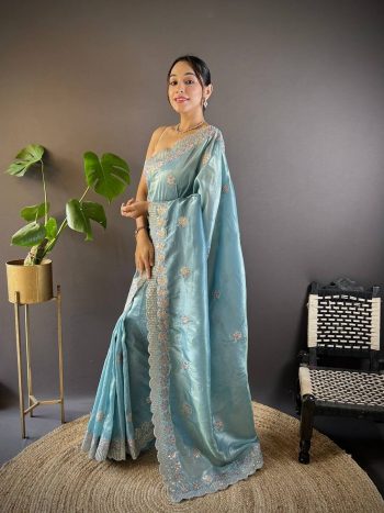 DESIGNER GOLD CRUNCHY SEQUENCE THREAD EMBROIDERY CUT WORK SAREE WITH UNSTITCHED BLOUSE SKY