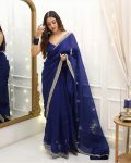DESIGNER ORGANZA SILK THREAD EMBROIDERY WORK SAREE WITH UNSTITCHED BLOUSE BLUE