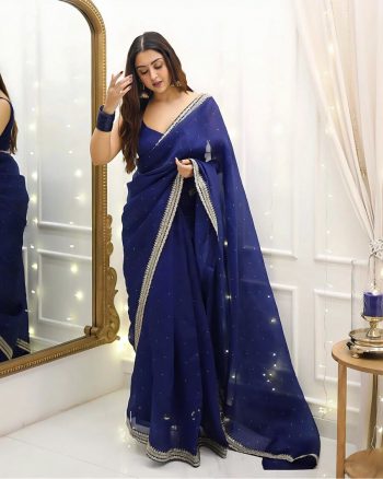 DESIGNER ORGANZA SILK THREAD EMBROIDERY WORK SAREE WITH UNSTITCHED BLOUSE BLUE