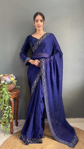 FANCY RANGOLI SILK SWAROVSKI  MIRROR VELVET LACE WORK READY TO WEAR SAREE WITH UNSTITCHED BLOUSE NAVY BLUE