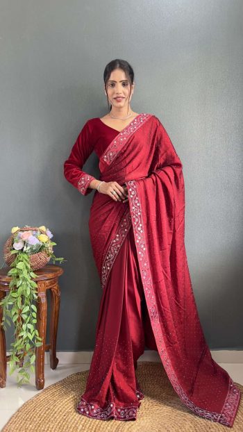 FANCY RANGOLI SILK SWAROVSKI  MIRROR VELVET LACE WORK READY TO WEAR SAREE WITH UNSTITCHED BLOUSE RED
